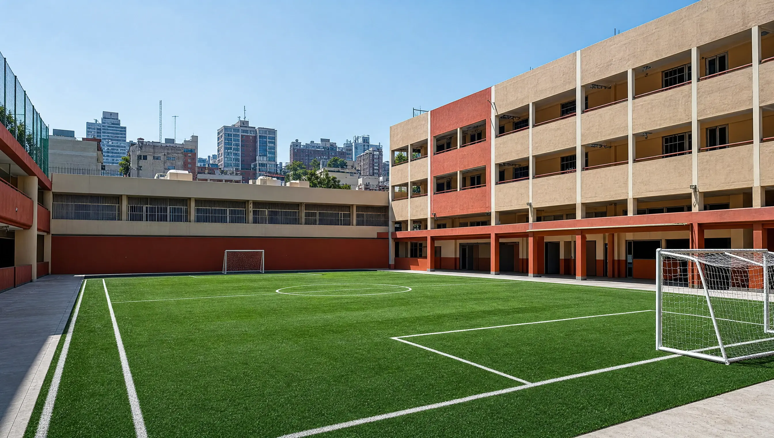 Cancha de soccer fútbol 11 escolar con pasto sintético para bachillerato