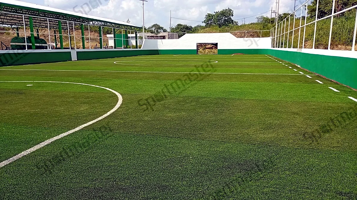 Cancha de pasto sintético cercada con malla y muros verdes en Axtla de Terrazas, San Luis Potosí, formato de renta por hora usado en canchas de fútbol 7