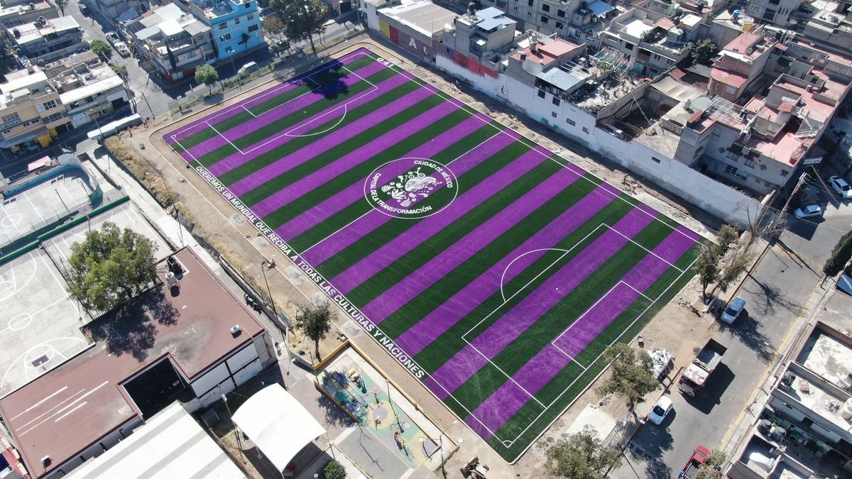 cancha de futbol con pasto sintético y líneas de juego en México
