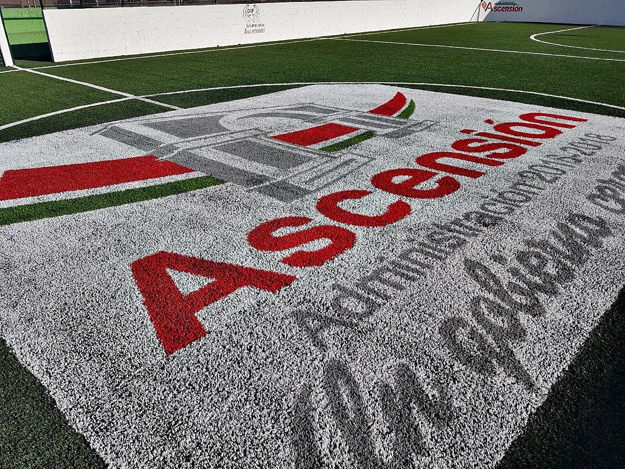Detalle de la leyenda Administración 2015-2018 del logotipo de Ascensión insertada letra por letra en pasto sintético