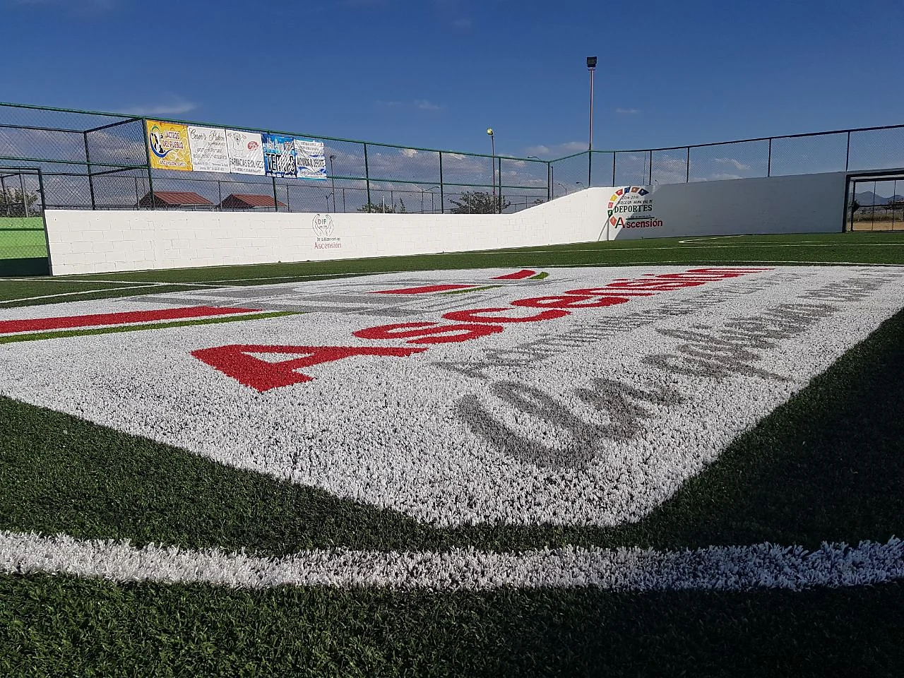 Logotipo de Ascensión insertado en pasto sintético con la barda y la malla perimetral de la cancha al fondo