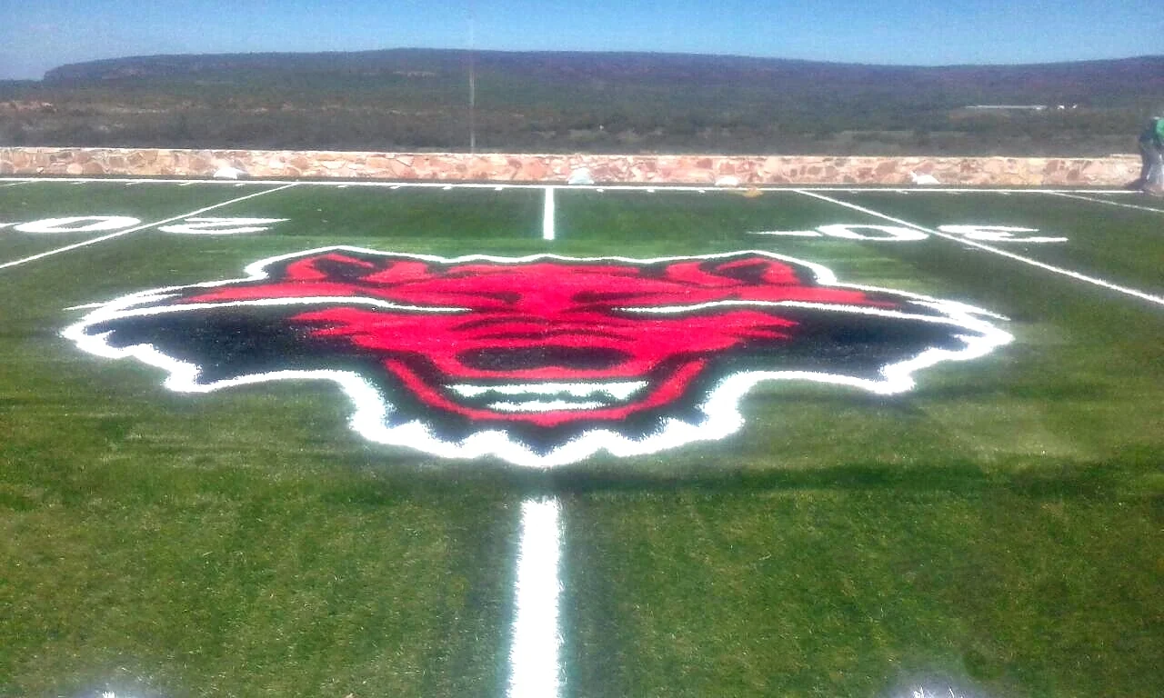 Cabeza de lobo roja y negra insertada en pasto sintético en el campo de fútbol americano de Arkansas State University, Querétaro