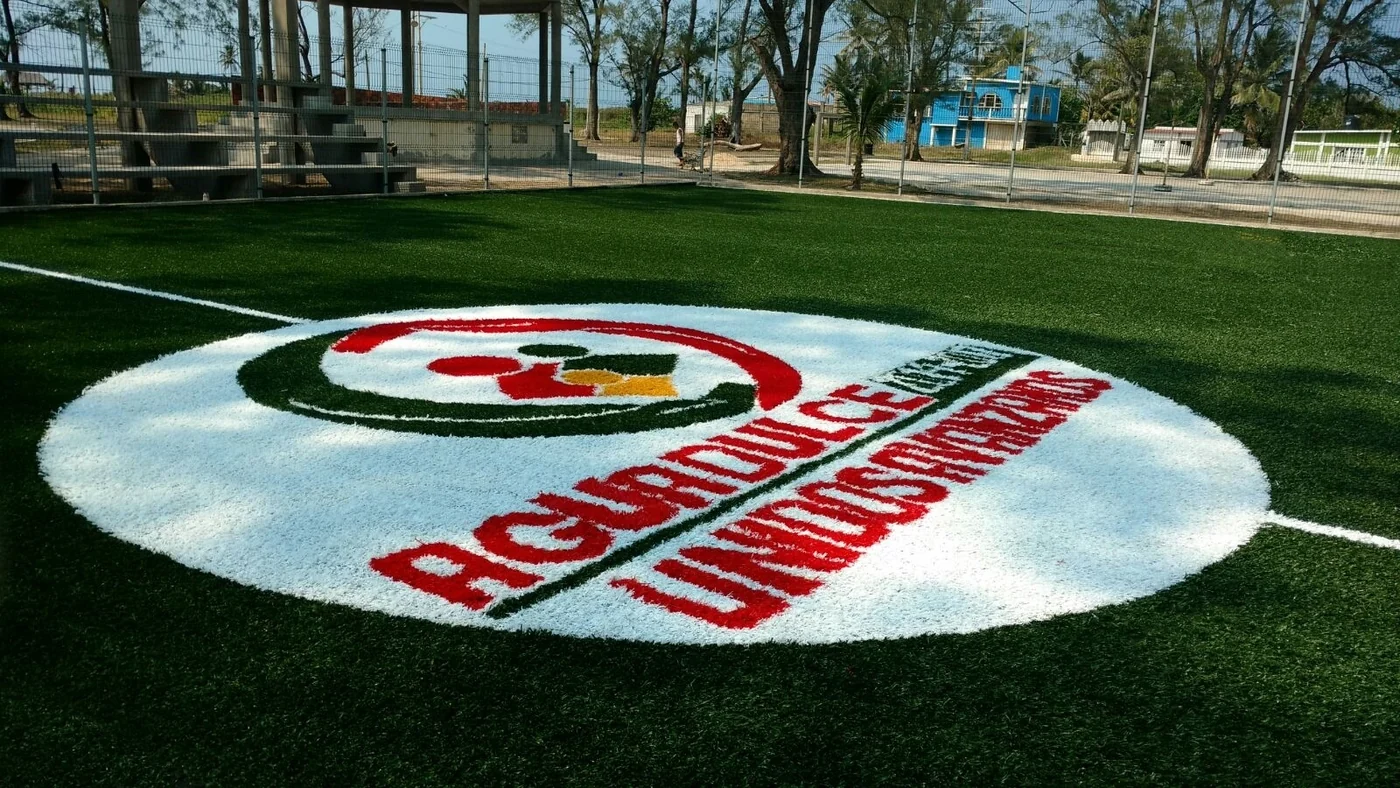 Escudo circular de una dependencia de gobierno en verde, rojo y blanco insertado en pasto sintético junto a las gradas