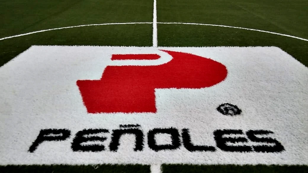 Detalle cercano del logotipo Peñoles con la P roja y letras negras sobre pasto sintético blanco
