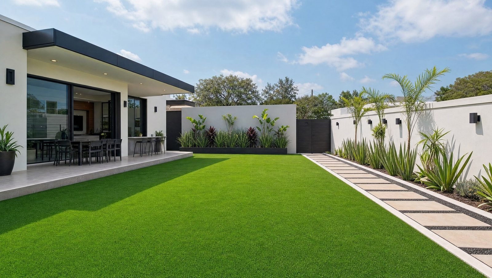 jardín residencial moderno con pasto sintético EasyGarden premium, pavimento tipo plato y palmeras · proyecto entregado por Sportmaster México