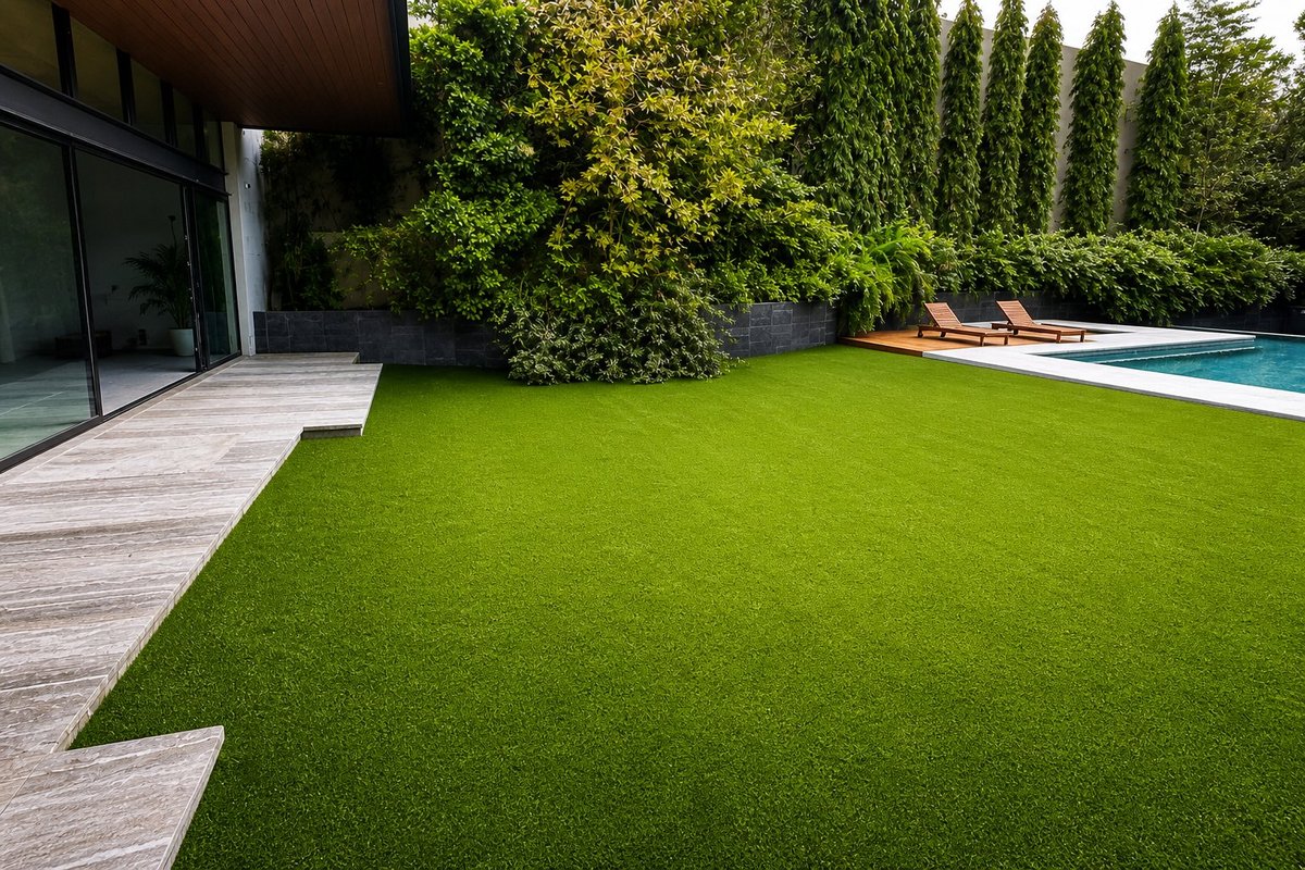 pasto sintético para jardín residencial con alberca · EasyGarden by Sportmaster