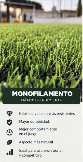 Pasto sintético monofilamento: máximo rendimiento, hilos individuales más resistentes, mayor durabilidad, mejor comportamiento en el juego, aspecto natural; ideal para uso profesional y competitivo
