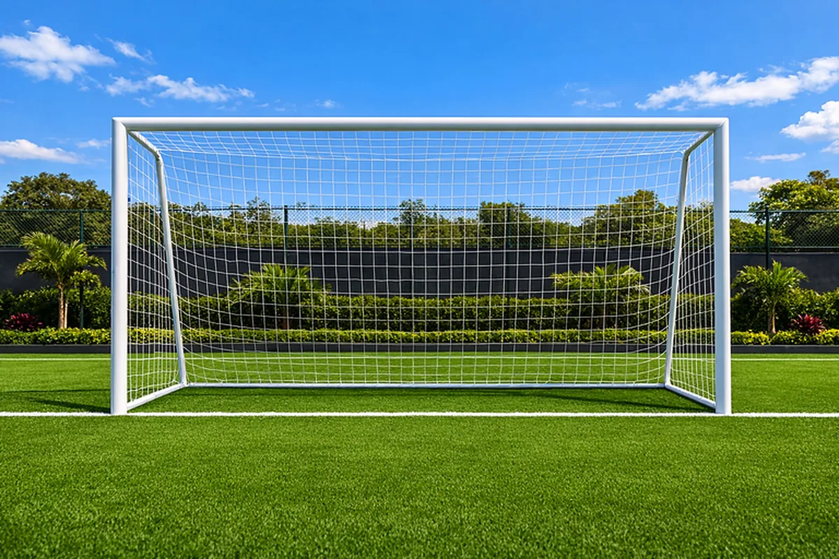 portería de fútbol con bastidor de 3 por 2 metros y red oficial sobre pasto sintético