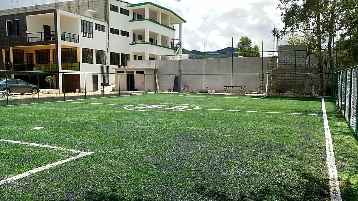 Cancha de fútbol 5 con pasto sintético en Universidad de San Cristóbal, San Cristóbal de las Casas, Chiapas: líneas insertadas en el pasto sintético