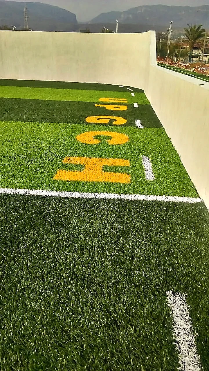 Detalle del pasto sintético de la cancha de fútbol rápido en Tuxtla Gutiérrez, Chiapas