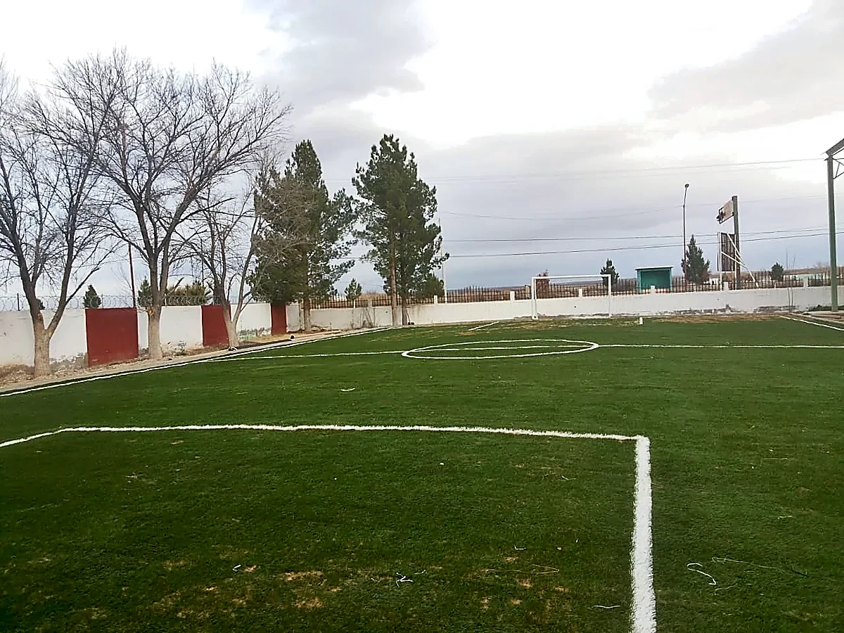 Cancha de fútbol 5 con pasto sintético en Praxedis, Chihuahua: pasto sintético deportivo recién cepillado