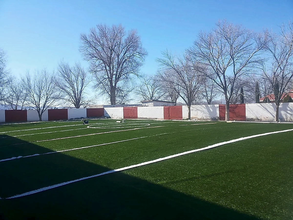 Detalle del pasto sintético de la cancha de fútbol 5 en Praxedis, Chihuahua