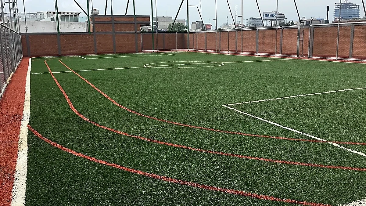 Cancha de fútbol 5 con pasto sintético en Colegio Britanico, Delegacion Benito Juarez, Ciudad de México: líneas insertadas en el pasto sintético