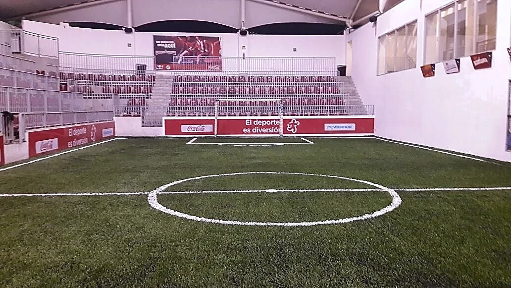 Detalle del pasto sintético de la cancha de fútbol 5 en Tlalpan (Cuicuilco), Ciudad de México