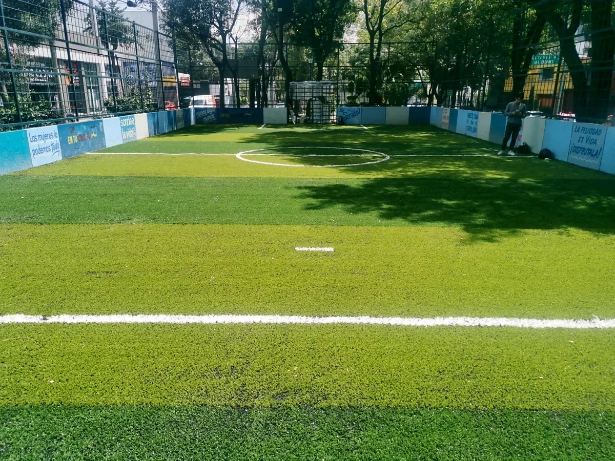 Cancha de fútbol 5 con pasto sintético en Parque Lineal Barranda del Muerto, Álvaro Obregón, Ciudad de México: líneas insertadas en el pasto sintético