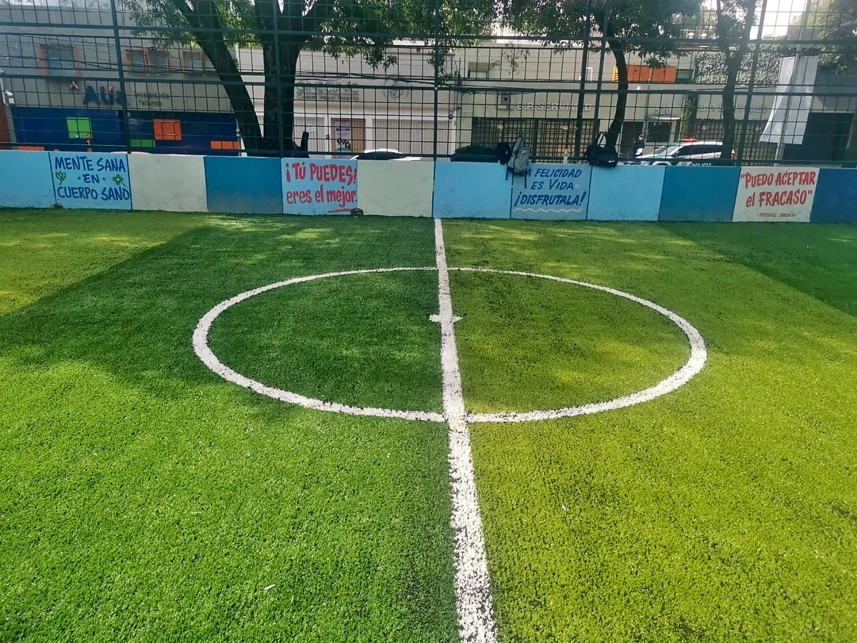 Cancha de fútbol 5 con pasto sintético en Parque Lineal Barranda del Muerto, Álvaro Obregón, Ciudad de México: pasto sintético deportivo recién cepillado