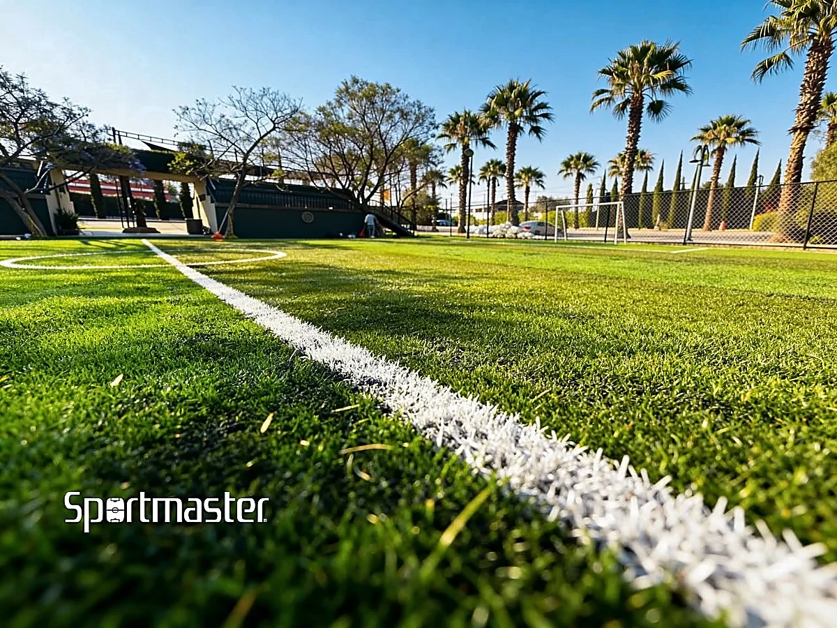 Detalle del pasto sintético de la cancha de fútbol 5 en Iztapalapa, Ciudad de México