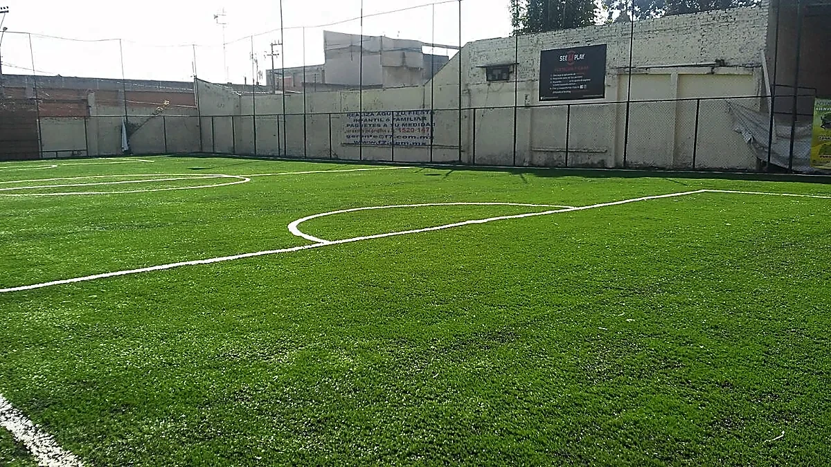 Cancha de fútbol 7 con pasto sintético en Álvaro Obregón, Ciudad de México: líneas de juego insertadas en el mismo pasto