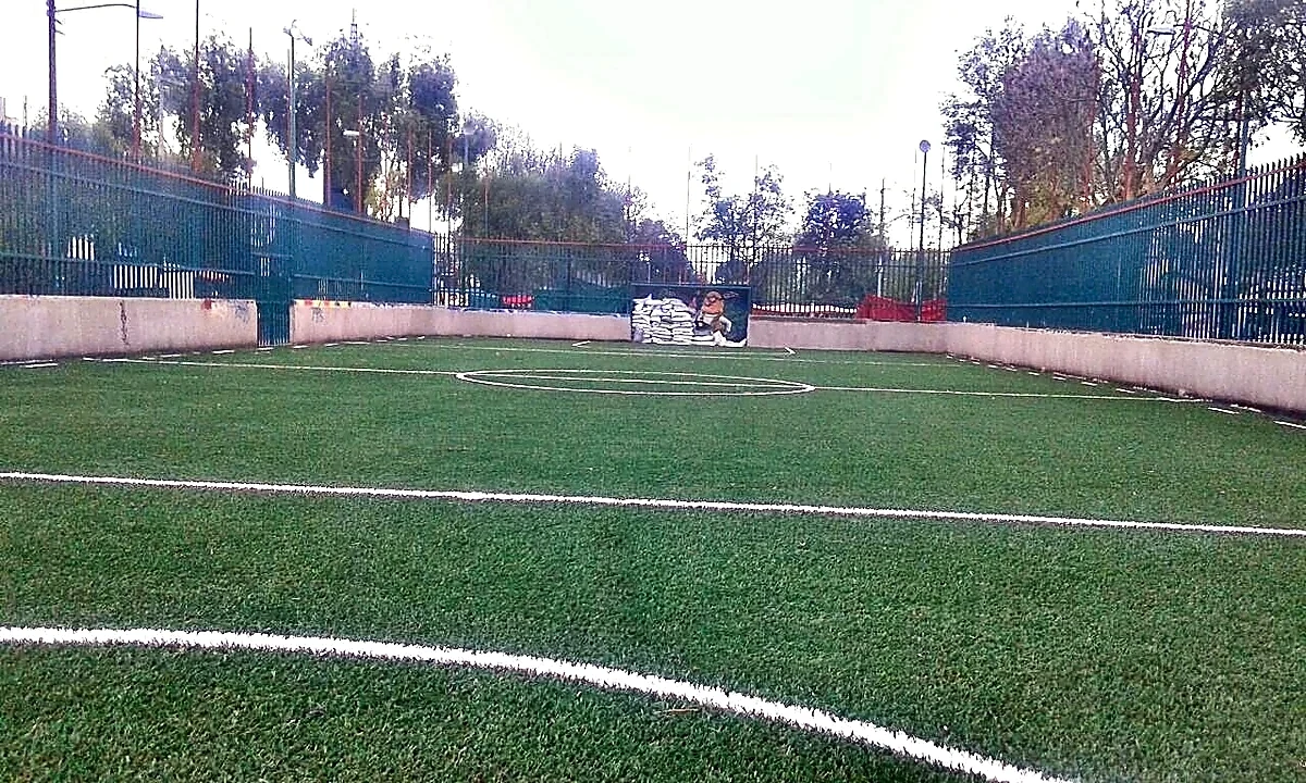 Detalle del pasto sintético de la cancha de fútbol 7 en Tlalpan, Ciudad de México