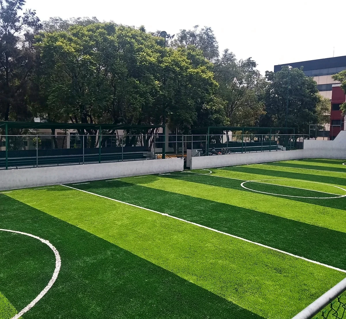 Detalle del pasto sintético de la cancha de fútbol rápido en Miguel Hidalgo, Ciudad de México