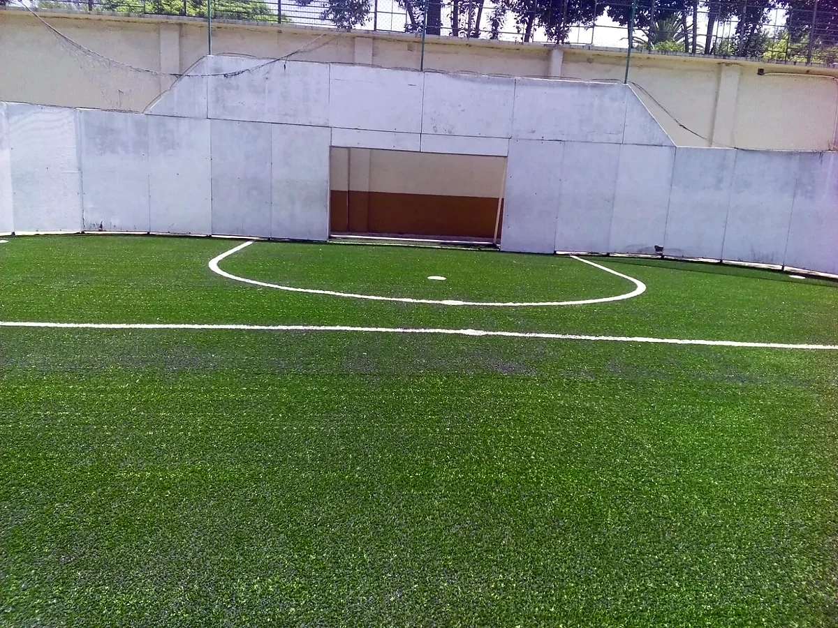 Cancha de fútbol rápido con pasto sintético en Colegio Salesiano, Popotla, Ciudad de México: la cancha desde la línea lateral