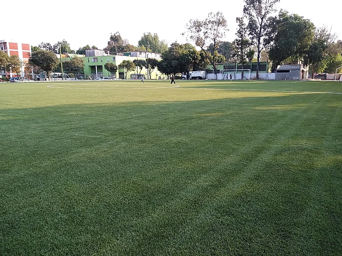 Cancha de fútbol soccer con pasto sintético en Azcapotzalco, Ciudad de México: la cancha desde la línea lateral