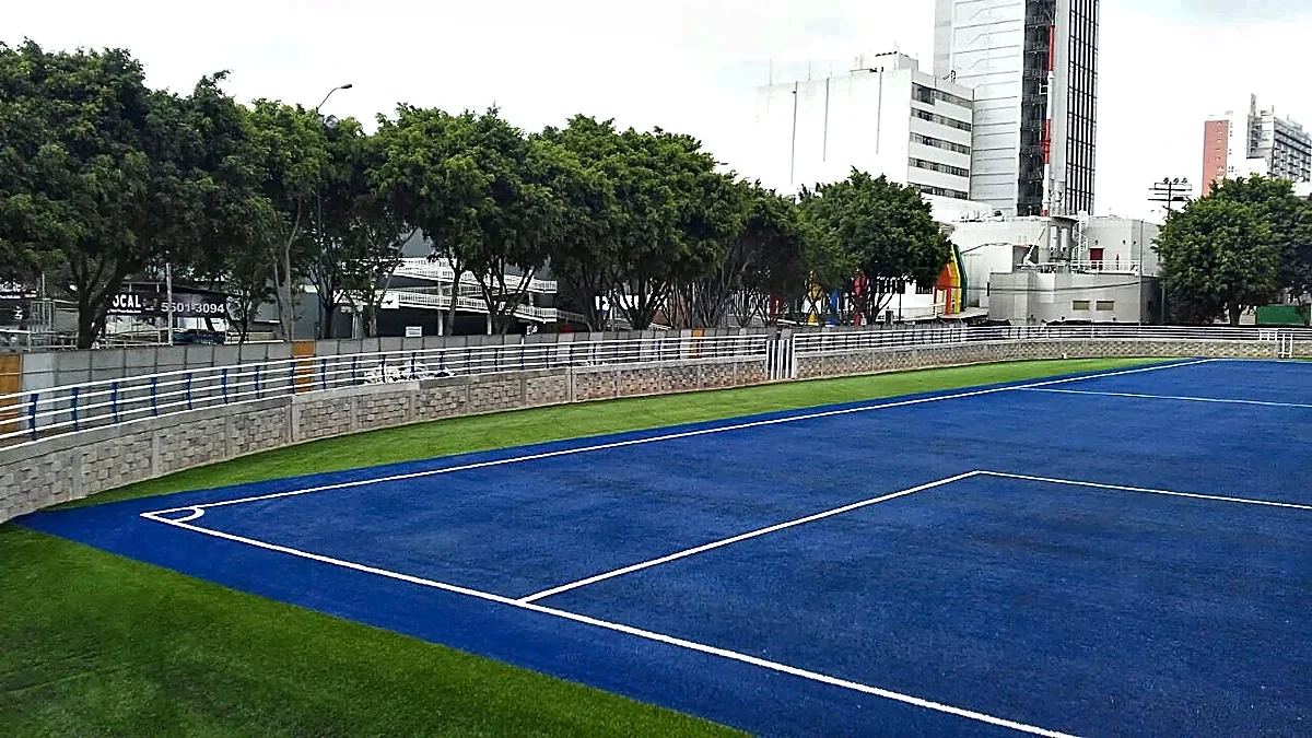 Cancha de fútbol soccer con pasto sintético en Deportivo Benito Juárez, Ciudad de México, Ciudad de México: la cancha desde la línea lateral