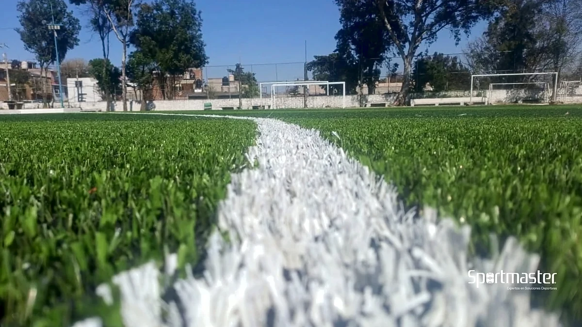 Cancha de fútbol soccer con pasto sintético en Deportivo Contreras, Magdalena Contreras, Ciudad de México: líneas de juego insertadas en el pasto