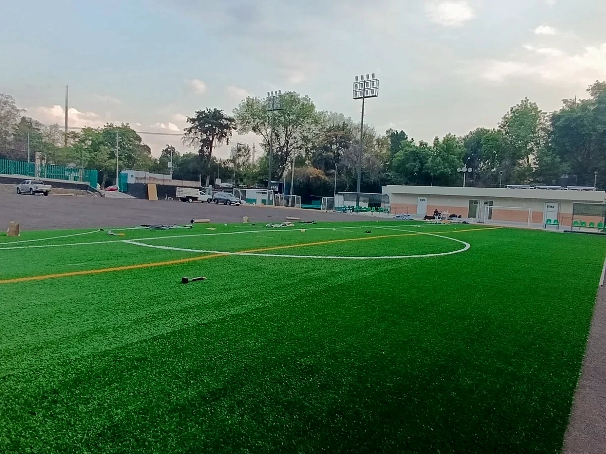Detalle del pasto sintético de la cancha de fútbol soccer en Magdalena Contreras, Ciudad de México