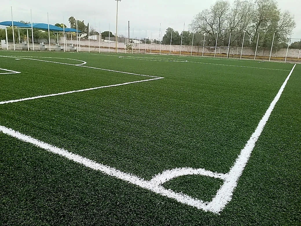 Cancha de fútbol 5 con pasto sintético en Facultad de Ciencias de la Salud, Gómez Palacio, Durango: la cancha desde la línea lateral
