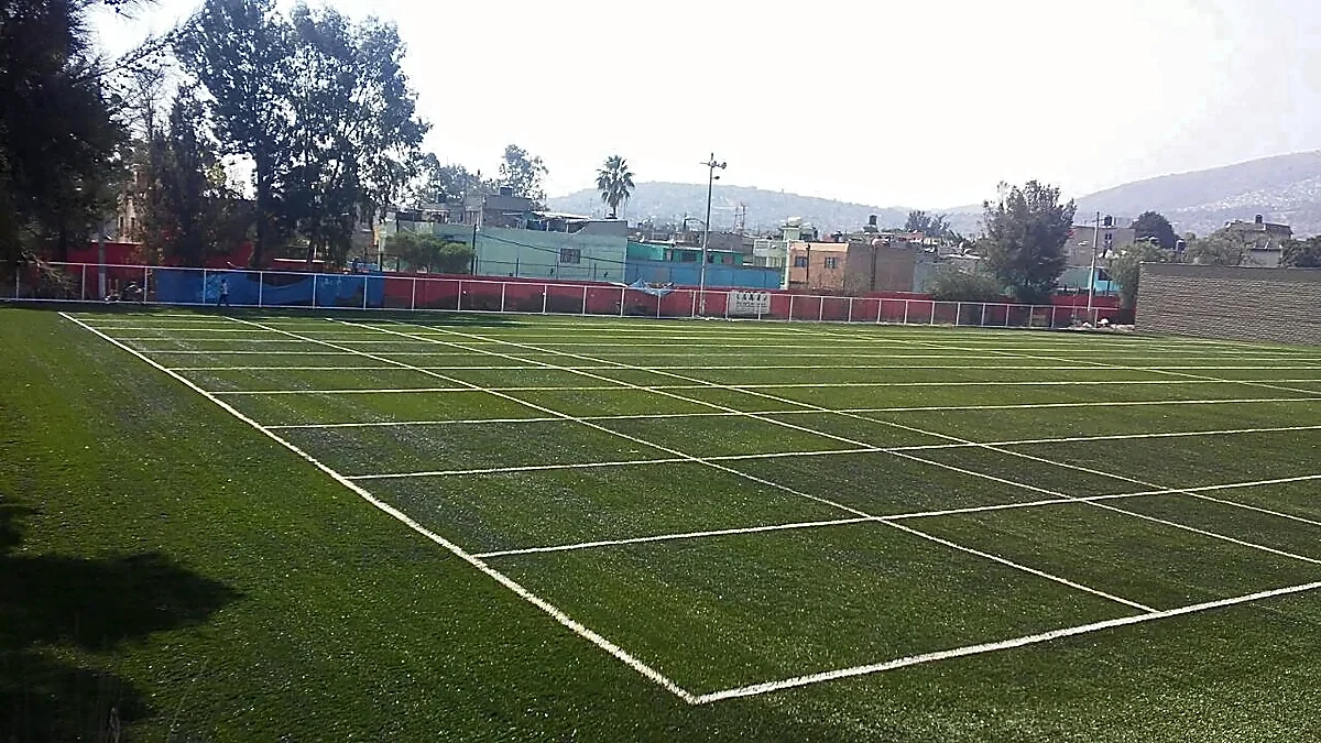 Detalle del pasto sintético del área de tiro al blanco con pasto sintético en Ecatepec, Estado de México