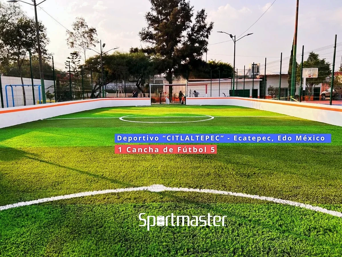 Cancha de fútbol 5 con pasto sintético en Deportivo Citlaltepec, Ecatepec, Estado de México: líneas insertadas en el pasto sintético