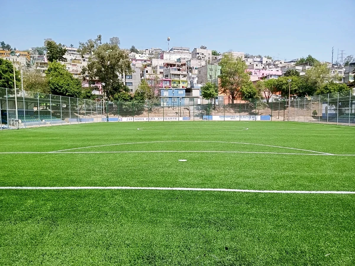 Cancha de fútbol 7 con pasto sintético en Cancha Deportivo la Curva, Naucalpan, Estado de México: líneas de juego insertadas en el mismo pasto