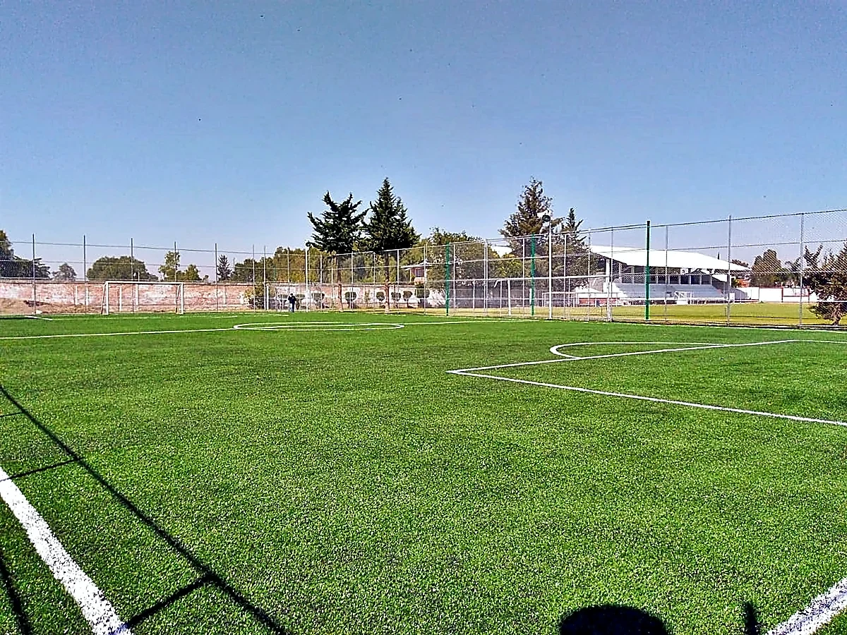 Detalle del pasto sintético de la cancha de fútbol 7 en Papalotla, Estado de México