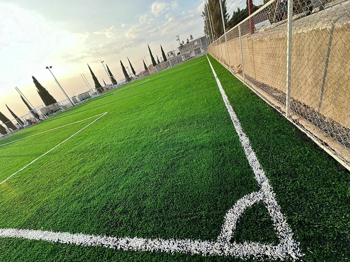 Detalle del pasto sintético de la cancha de fútbol 7 en Chicoloapan, Estado de México