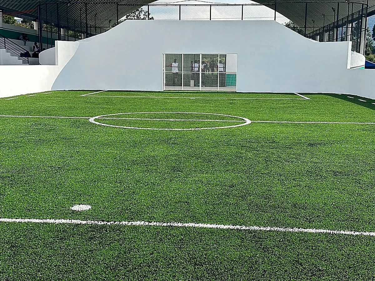 Cancha de fútbol rápido con pasto sintético en Deportivo Techuchulco, San Pedro Techuchulco, Estado de México: la cancha desde la línea lateral