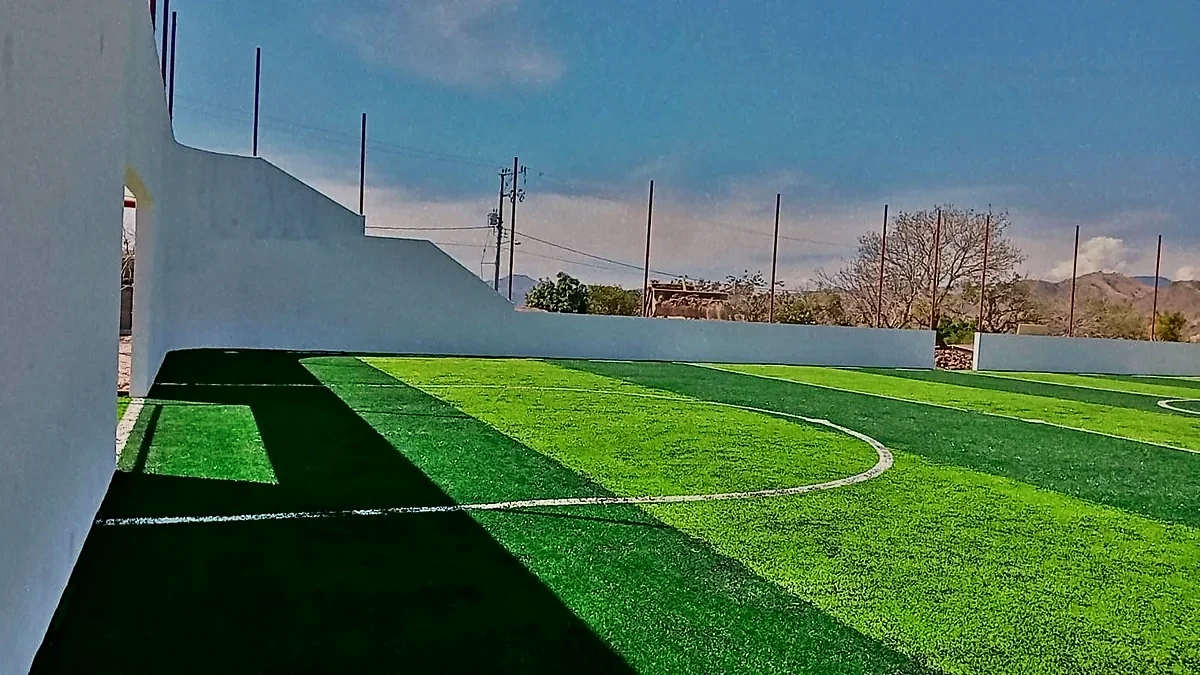 Cancha de fútbol rápido con pasto sintético en San Nicolás Tolentino, Estado de México: la cancha desdel fondo