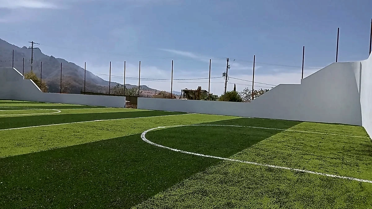 Cancha de fútbol rápido con pasto sintético en San Nicolás Tolentino, Estado de México: vista de la cancha y su entorno