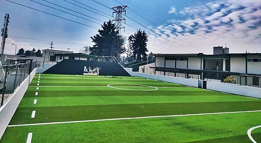Cancha de fútbol rápido con pasto sintético en Toluca, Estado de México: líneas de juego insertadas en el pasto