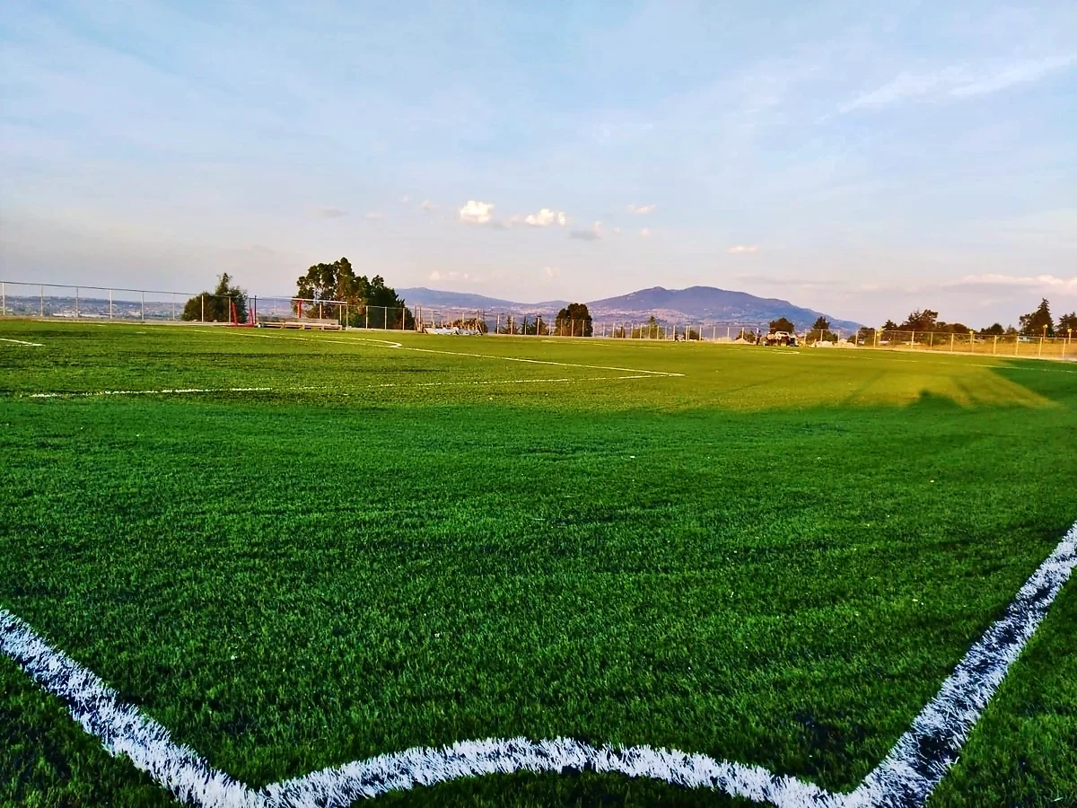 Cancha de fútbol soccer con pasto sintético en Campo de Futbol San José Ixtapa, Temascalcingo, Estado de México: la cancha desdel fondo