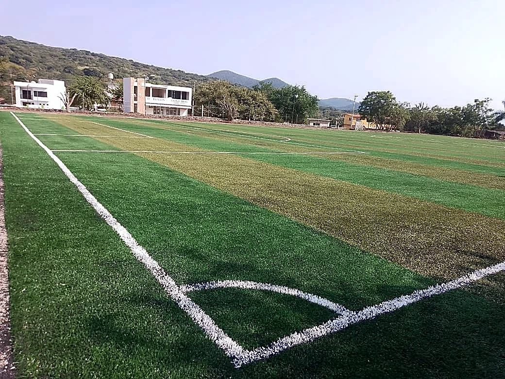 Cancha de fútbol soccer con pasto sintético en Campo Deportivo Platanar, Estado de México: vista de la cancha y su entorno