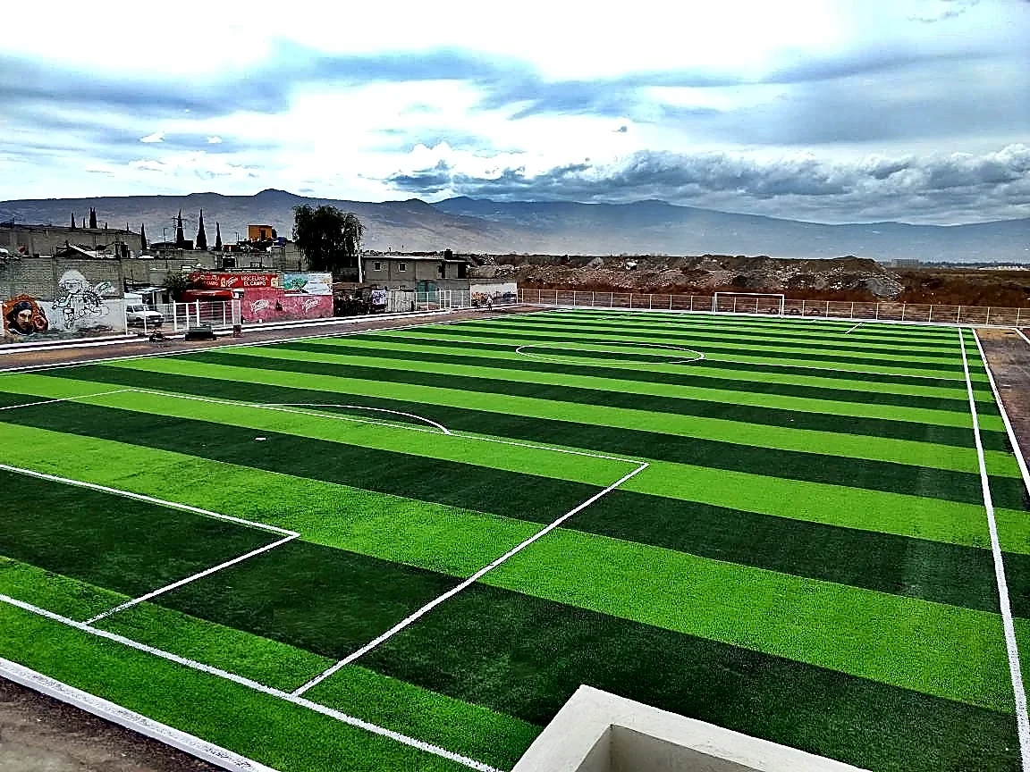 Cancha de fútbol soccer con pasto sintético en Chalco, Estado de México: líneas de juego insertadas en el pasto