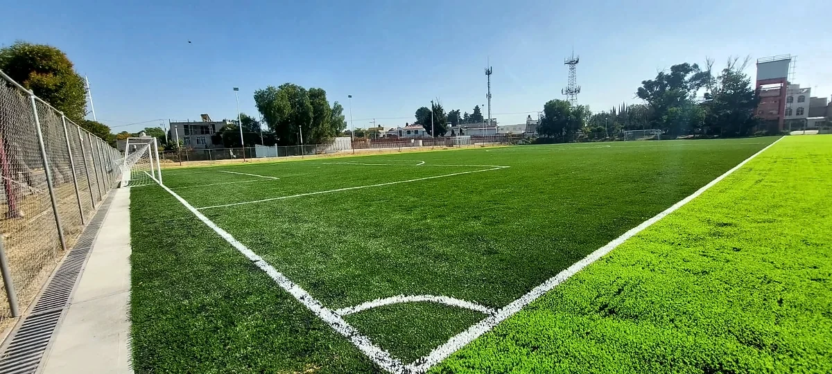 Cancha de fútbol soccer con pasto sintético en Parque El Cooperativo, Texcoco, Estado de México: otra vista de la cancha