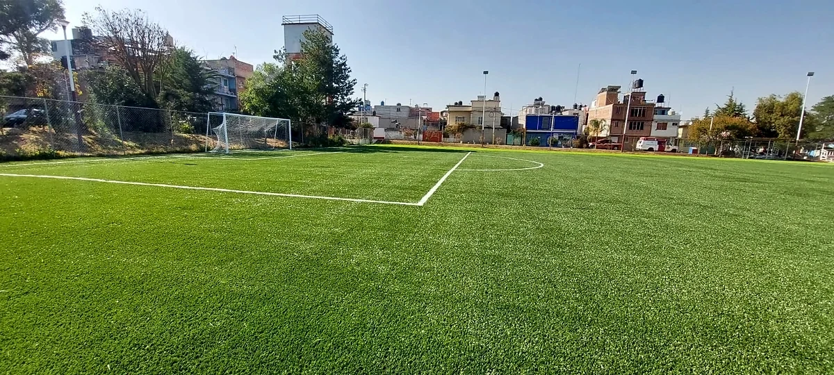Cancha de fútbol soccer con pasto sintético en Parque El Cooperativo, Texcoco, Estado de México: pasto sintético deportivo recién cepillado