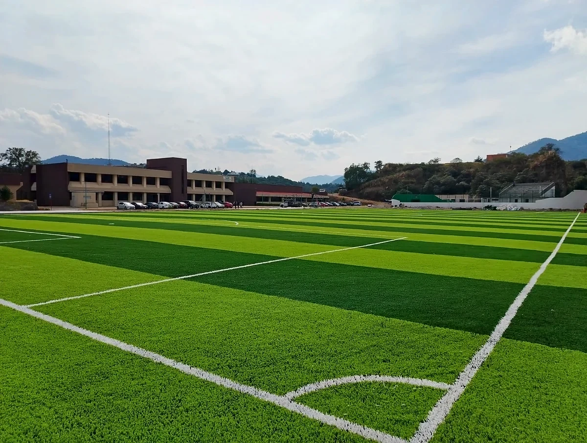 Cancha de fútbol soccer con pasto sintético en Tecnológico de Estudios Superiores de Huixquilucan, Estado de México: la cancha desde la línea lateral