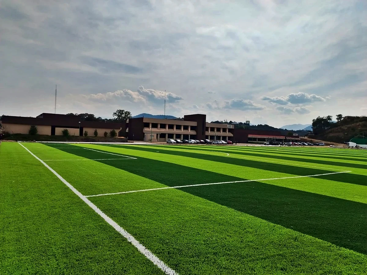 Cancha de fútbol soccer con pasto sintético en Tecnológico de Estudios Superiores de Huixquilucan, Estado de México: otra vista de la cancha