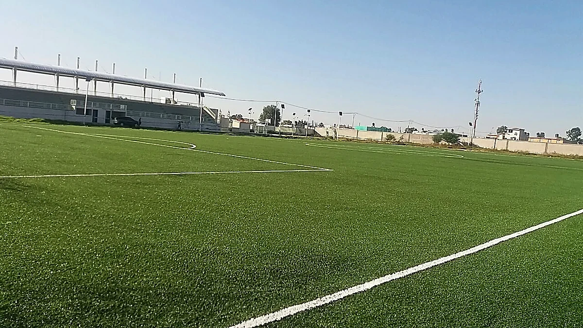 Cancha de fútbol soccer con pasto sintético en Tonanitla, Estado de México: líneas de juego insertadas en el pasto