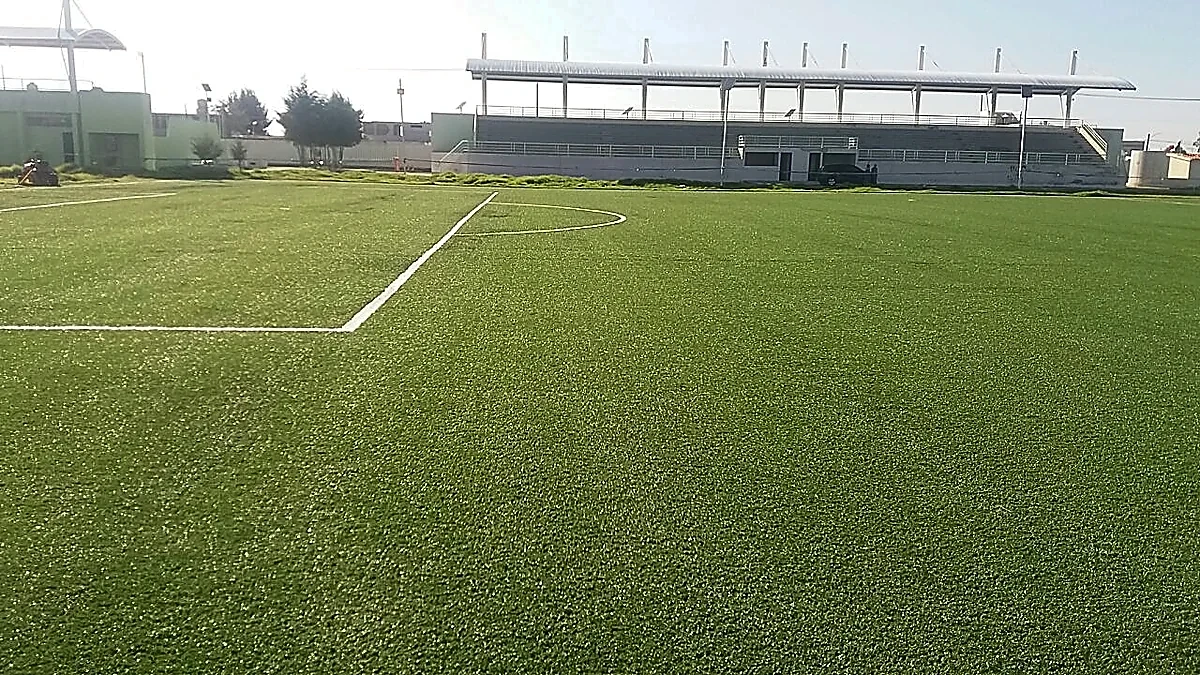 Detalle del pasto sintético de la cancha de fútbol soccer en Tonanitla, Estado de México