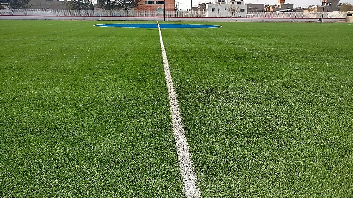 Cancha de fútbol soccer con pasto sintético en Unidad Deportiva Atlicpac, Los Reyes La Paz, Estado de México: vista de la cancha y su entorno