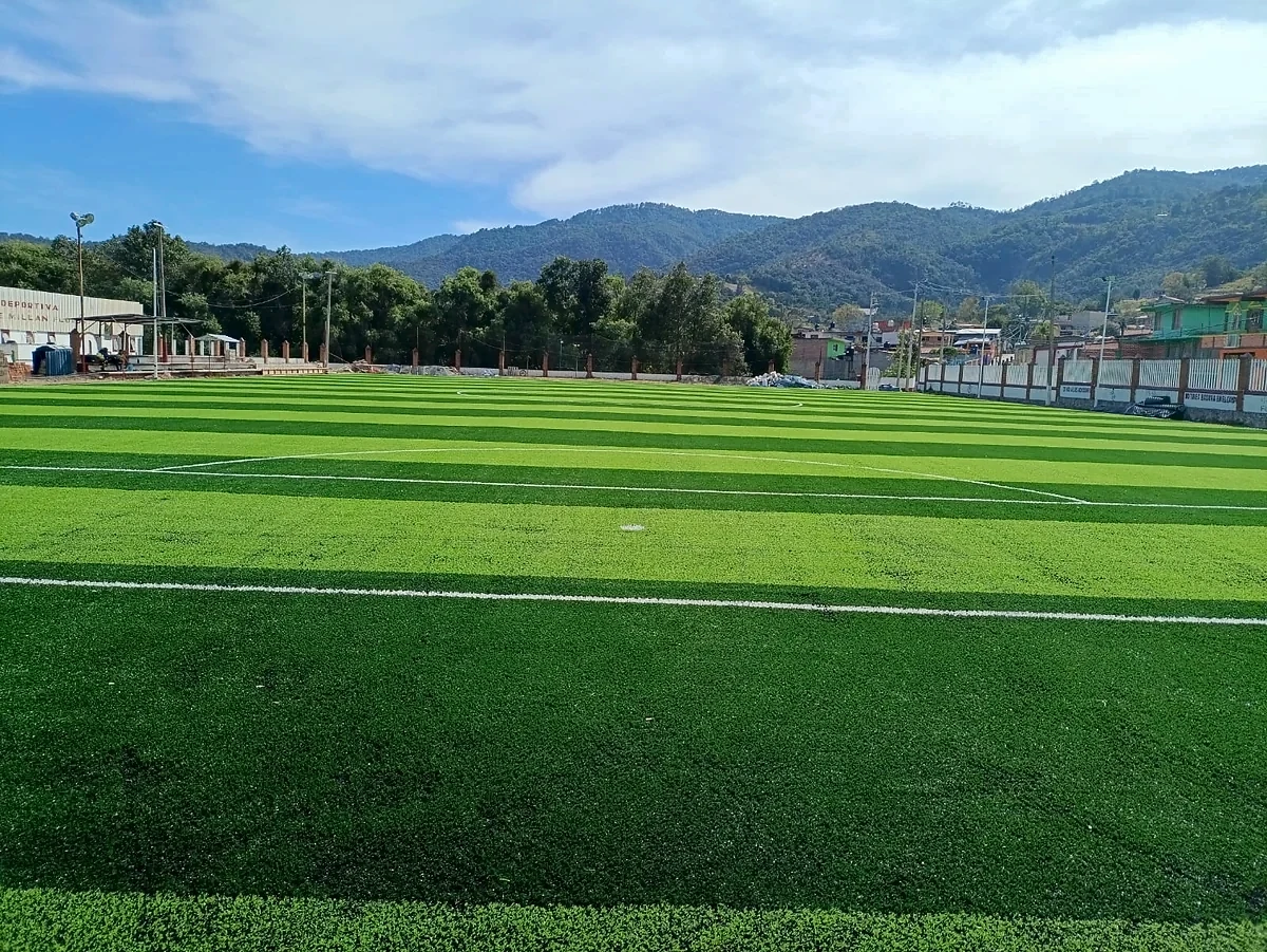 Cancha de fútbol soccer con pasto sintético en Unidad Deportiva de Almoloya, Almoloya de Alquisiras, Estado de México: la cancha desdel fondo